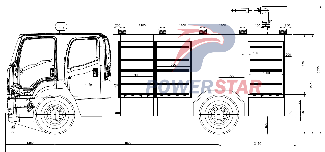 Technical drawing of Isuzu FTR 6cbm foam fire truck