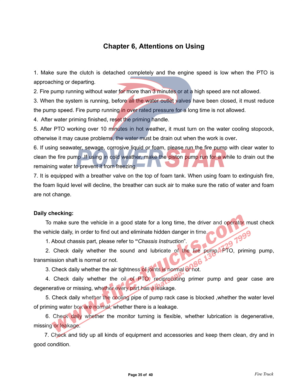 ISUZU GIGA 8cbm Water Fire Truck Manual