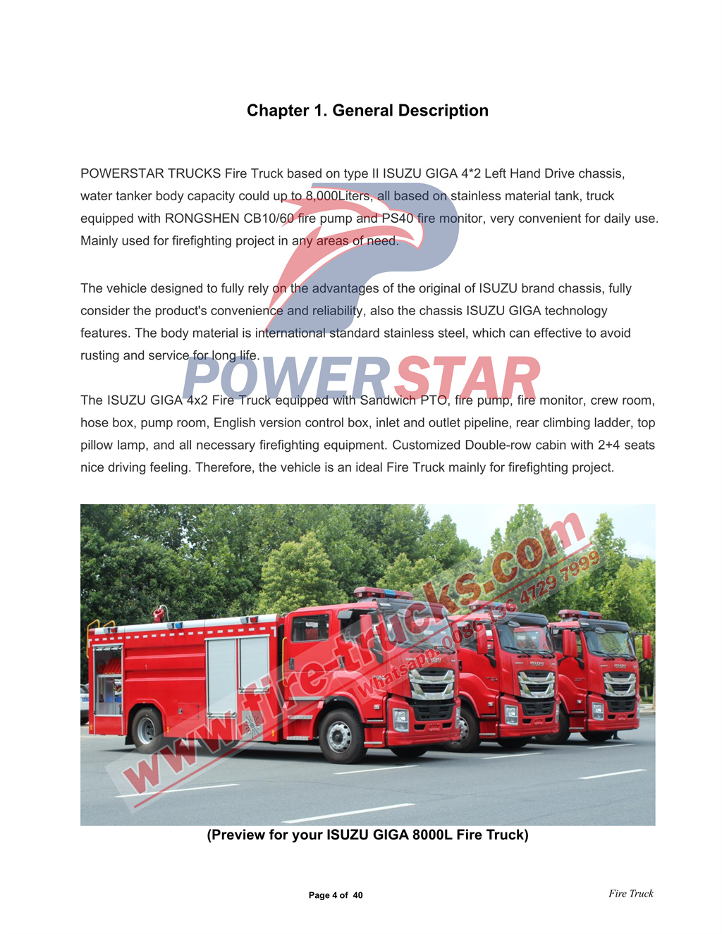 ISUZU GIGA 8cbm Water Fire Truck Manual
