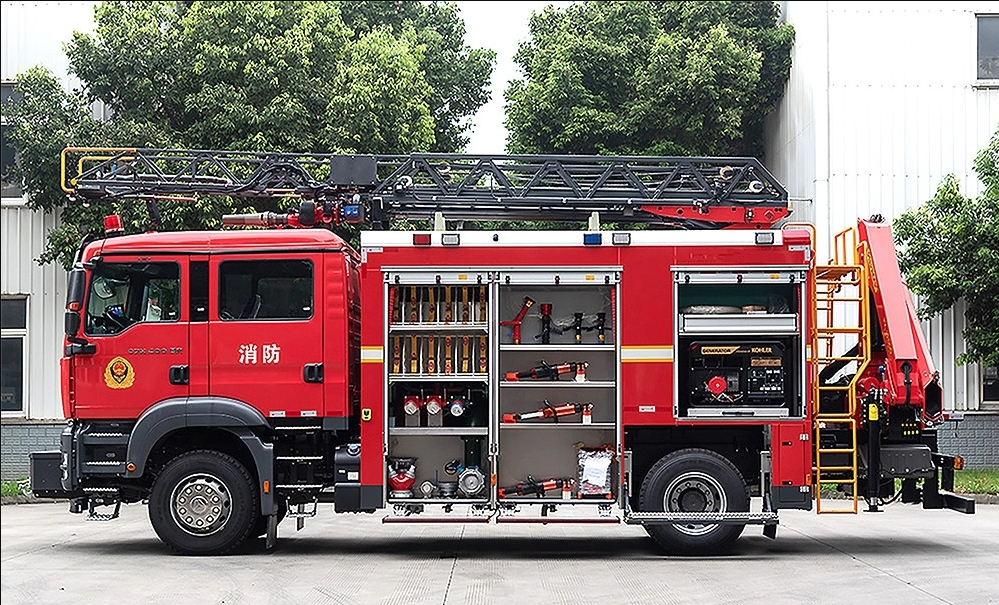 HOWO Aerial Ladder Fire Fighting Truck with Rescue Knuckle Boom Crane