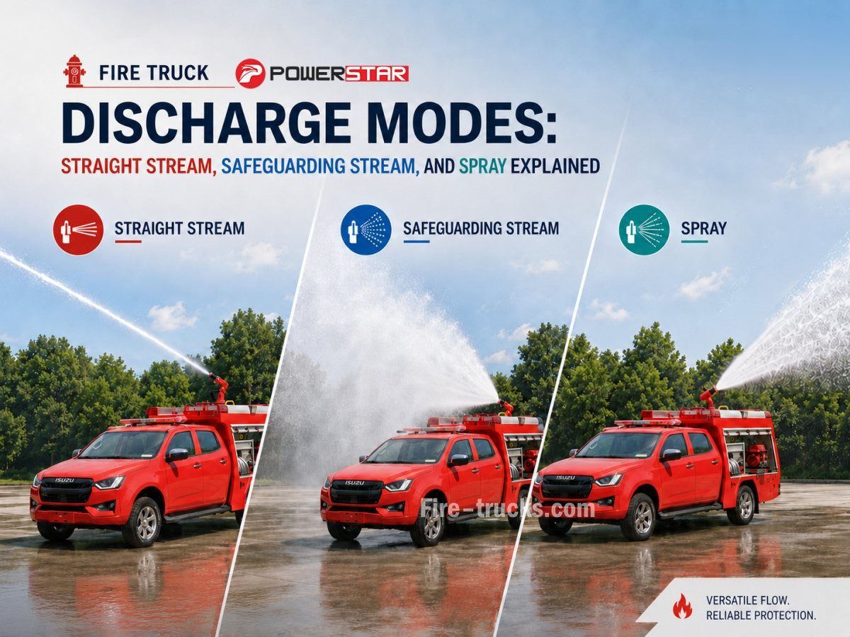 fire truck three discharge modes comparison, fire truck straight spray safeguarding comparison, fire nozzle flow pattern comparison