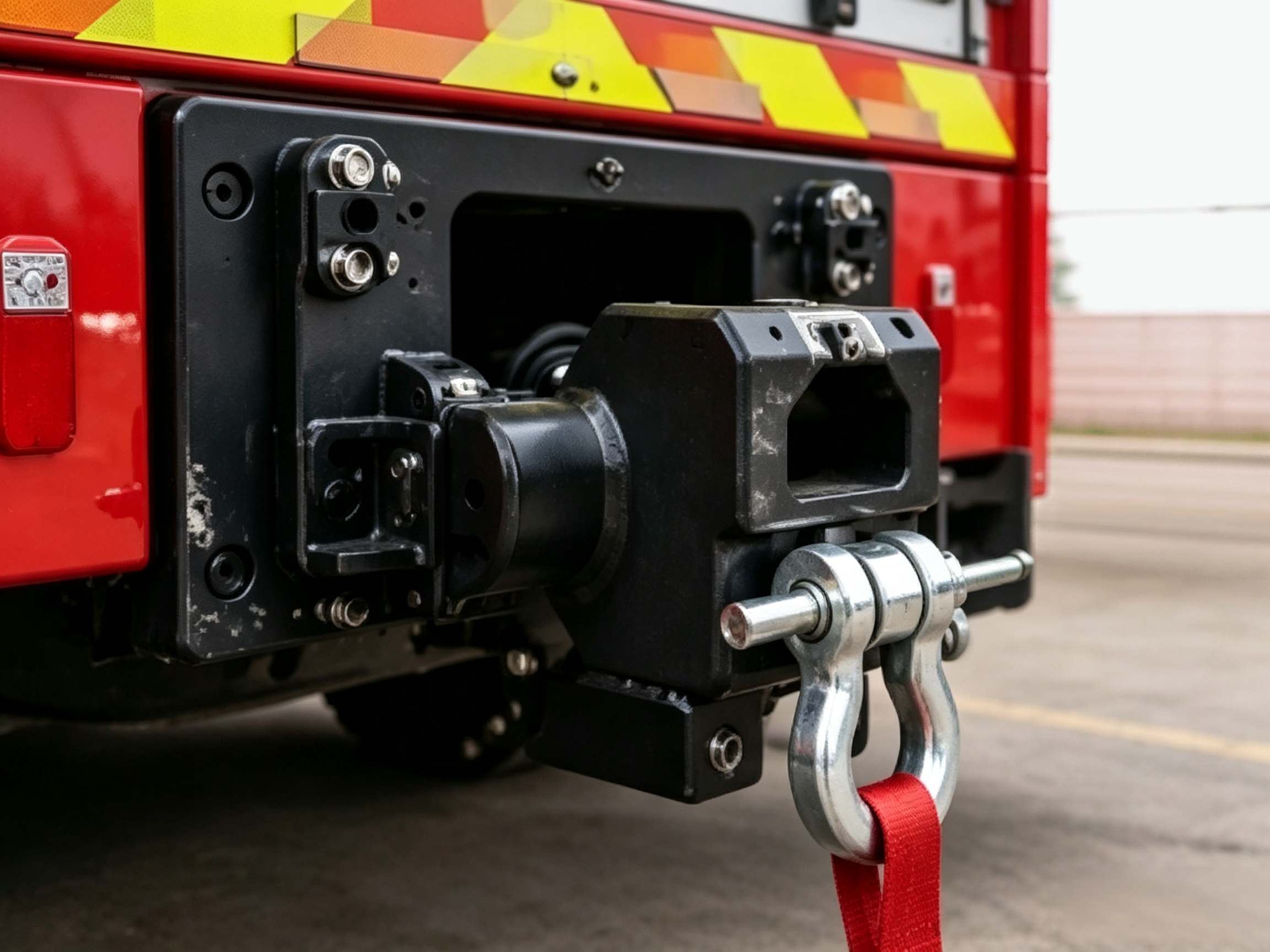 rescue fire truck front winch closeup view