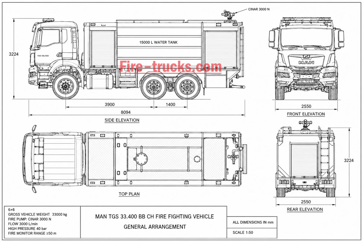 MAN TGS 33.400 6x6 Water Fire Truck CAD Drawing MAN TGS 33.400 6x6 Water Fire Truck CAD Drawing