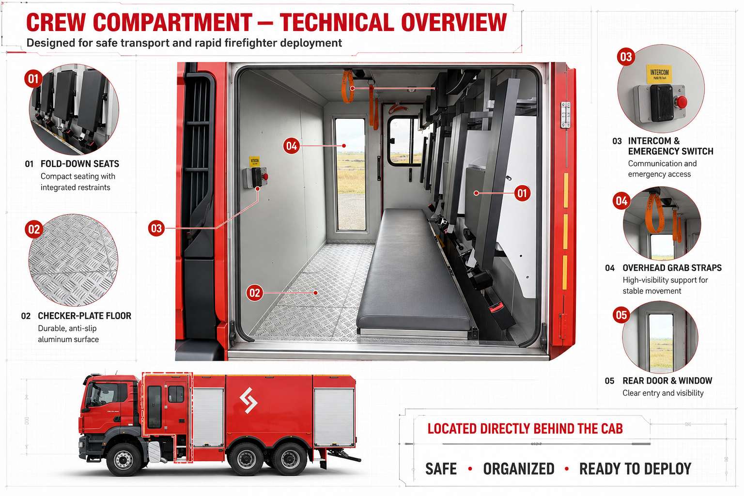 Fire Truck Double Cabin Crew Area with Ergonomic Design for Fire and Rescue Teams Fire Truck Double Cabin Crew Area with Ergonomic Design for Fire and Rescue Teams