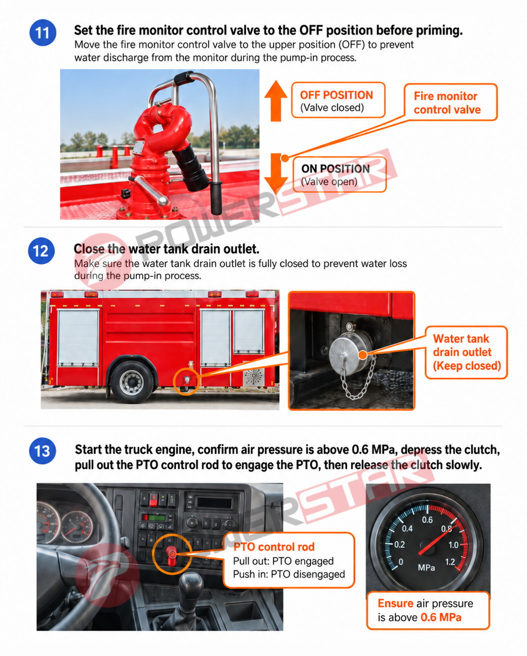 how to operate fire truck pump monitor control valve PTO engagement air pressure gauge